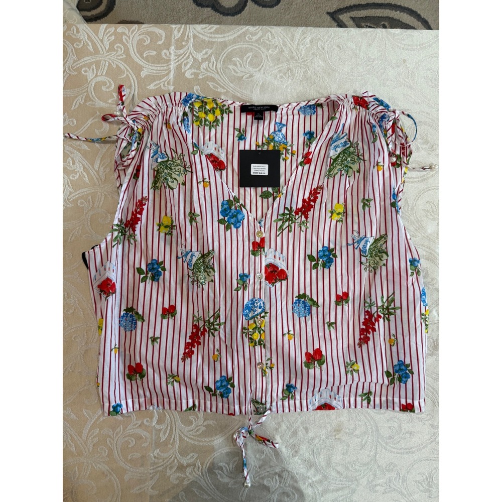 Marc New York Red White Stripe Fruit Print Cotton Tie Top XL M6MTA657